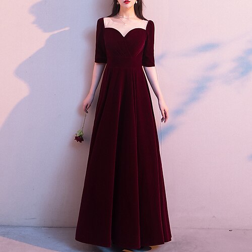 

A-Line Evening Dresses Minimalist Dress Wedding Guest Floor Length Half Sleeve Illusion Neck Velvet with Pleats 2022 / Formal Evening