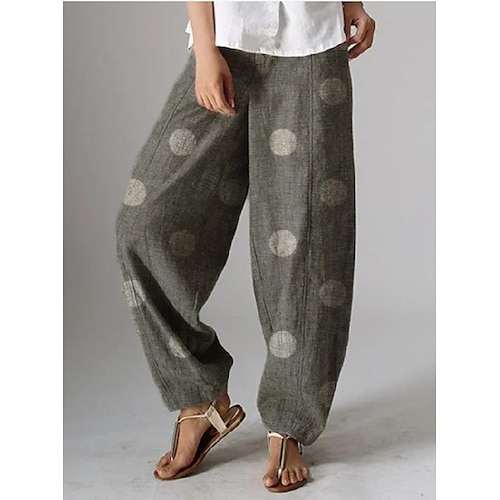 

Women's Chinos Slacks Pants Trousers Linen Gray Black Mid Waist Fashion Casual / Sporty Sports Weekend Print Full Length Breathable Polka Dot S M L XL XXL / Loose Fit