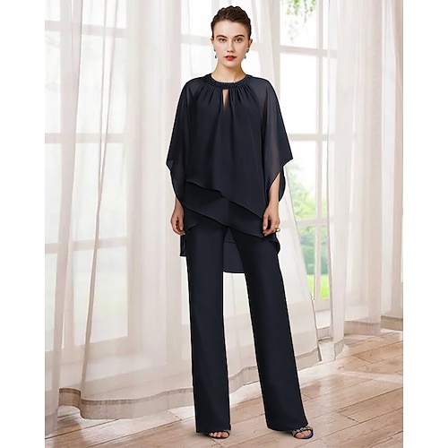 

Two Piece Pantsuit Mother of the Bride Dress Elegant Jewel Neck Floor Length Chiffon Half Sleeve with Beading Ruffles 2022