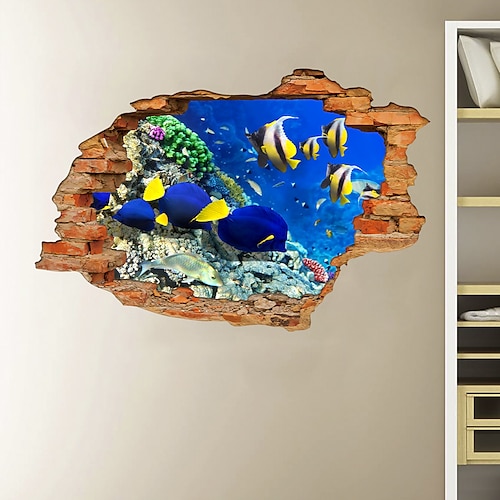 

3D Broken Wall Undersea World Fish Home Children's Room Background Decoration Can Be Removed Stickers