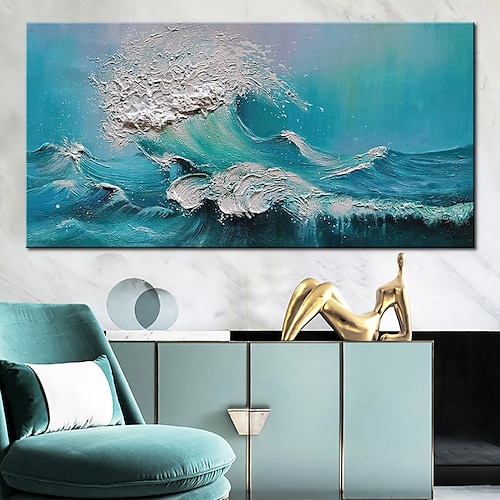 oliemaleri håndlavet håndmalet væg kunst moderne abstrakt landskab blå hav ocean bølger boligindretning indretning rullet lærred ingen ramme unstretched