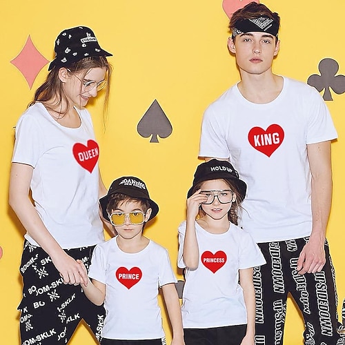 

Family Look T shirt Tops Cotton Heart Daily Print White Black Short Sleeve Active Matching Outfits