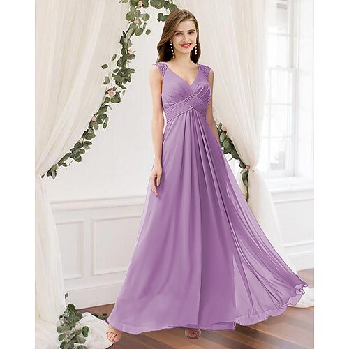 

A-Line Bridesmaid Dress V Neck Sleeveless Elegant Floor Length Chiffon with Pleats / Ruching 2022