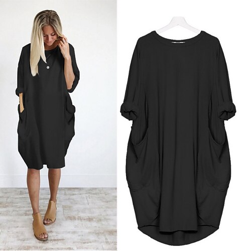 

Women's T Shirt Dress Tee Dress Knee Length Dress White Black Blue Gray Fuchsia Long Sleeve Pure Color Fall Winter Crew Neck Casual Oversized 2022 S M L XL XXL 3XL 4XL 5XL