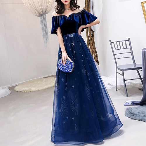 

A-Line Glittering Elegant Engagement Formal Evening Dress Illusion Neck Half Sleeve Floor Length Tulle with Crystals 2022