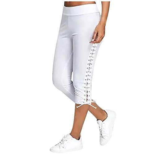 

Womens Elastic Capri Leggings with Side Eyelet Straps Pockets Capris Trousers for Work Casual Sport White Black Leggings