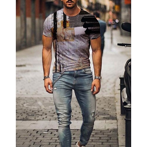 

Men's T shirt Tee Shirt Tee 3D Graphic Prints Round Neck Blue Yellow Gray 3D Print Daily Holiday Short Sleeve Print Clothing Apparel Designer Casual Big and Tall / Summer / Regular Fit / Summer