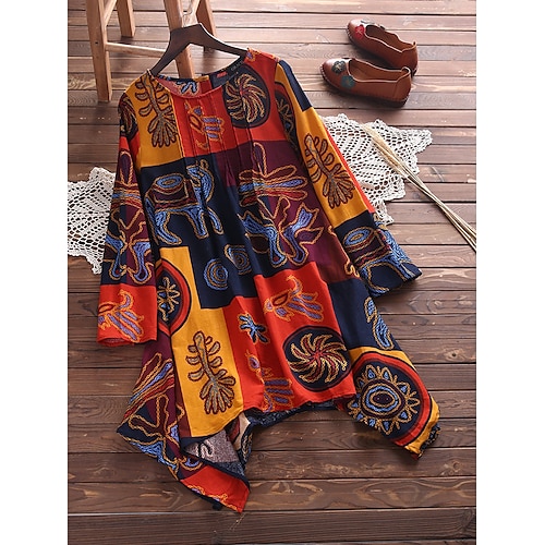 

Women's Plus Size Tops Blouse Shirt Print Tribal Short Sleeve Round Neck Causal Polyester Spring Summer Dark Blue Orange