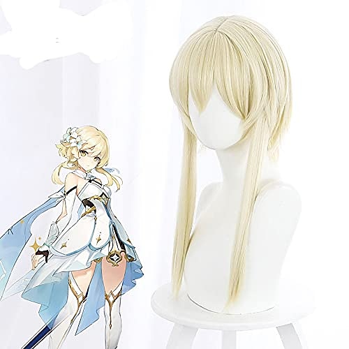 

Nuwind Genshin Impact Anime Cosplay Wig Lumine Light Gold Styling Long Sideburns Reverse Curled Short Hair Women Hair Party Game Cosplay