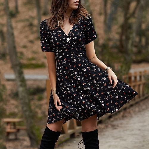 

Women's T Shirt Dress Tee Dress Knee Length Dress Light Blue Black Gray Yellow Red Wine Red Brown Navy Blue Short Sleeve Floral Spring Summer Casual 2022 S M L XL