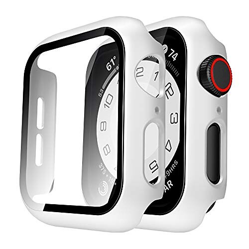 

tauri 2 pack hard case compatible for apple watch se series 6 5 4 44mm built in 9h tempered glass screen protector slim bumper touch sensitive full protective cover compatible for iwatch 44mm - white