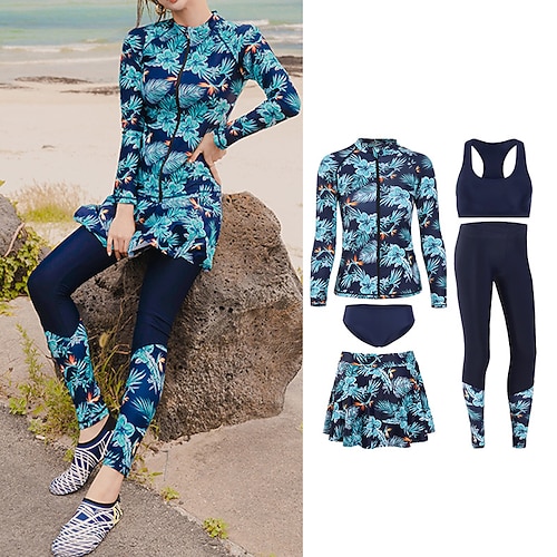 

Women's Rashguard Swimsuit Swimwear Bathing Suit UV Sun Protection UPF50 Breathable Stretchy Full Body Front Zip 5-Piece - Swimming Surfing Water Sports Floral / Botanical Autumn / Fall Spring Summer