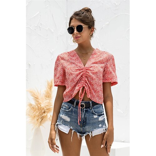 

Women's Daily Weekend Floral Blouse Shirt Floral Short Sleeve Drawstring Print V Neck Casual Streetwear Tops Green Red S / 3D Print