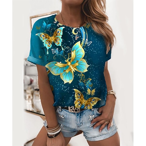 

Women's T shirt Tee Green Graphic Butterfly Print Short Sleeve Daily Weekend Basic Round Neck Regular Butterfly Painting S / 3D Print