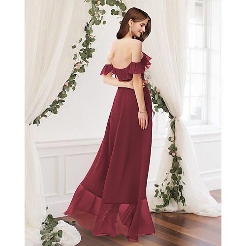 

A-Line Bridesmaid Dress Off Shoulder Sleeveless Elegant Floor Length Chiffon with Pleats / Ruffles / Split Front 2022