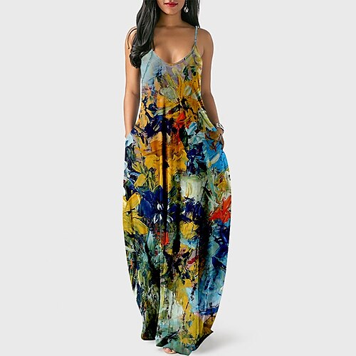 

Women's Long Dress Maxi Dress Green Purple Light Green Sleeveless Floral Print Spring Summer V Neck Loose Fit XS S M L XL XXL 3XL 4XL