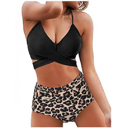 

Women's Swimwear Bikini 2 Piece Normal Swimsuit High Waist Slim Leopard Print Solid Color Leopard Mei Hong Green Black Gray Bathing Suits Sexy Active Basic / Casual / New / Padded Bras