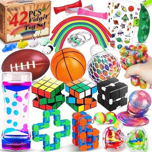 

42 Pcs Sensory Fidget Toys Pack, Stress Relief & Anxiety Relief Tools Bundle Figetget Toys Set for Adults, Autistic ADHD Toys, Stress Balls Infinity Cube Marble Mesh Wacky Track Fidgets Box