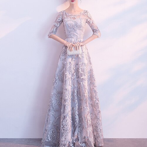 

A-Line Minimalist Elegant Prom Formal Evening Dress Jewel Neck Half Sleeve Floor Length Tulle with Pleats Appliques 2022