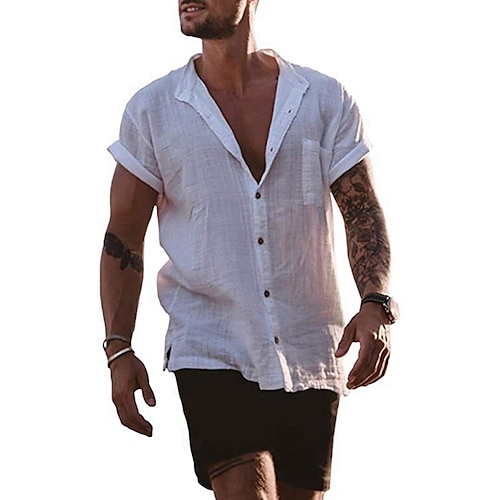 

Men's T shirt Tee Shirt Linen Shirt Solid Color Plain Collar Y Neck Light Blue White Black Street Daily Short Sleeve Clothing Apparel Cotton Basic Streetwear Casual Casual Daily / Summer / Beach