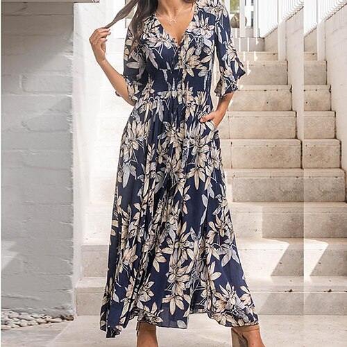 

Women's Long Dress Maxi Dress Navy Blue Half Sleeve Floral Print Spring Autumn V Neck 2022 S M L XL XXL XXXL