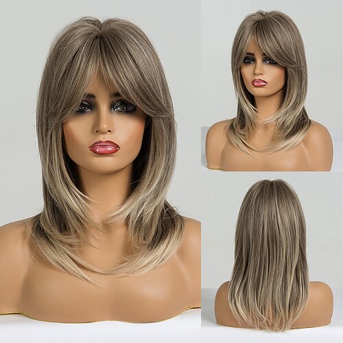 

Light Brown Wig Synthetic Wig Natural Layered Haircut With Bangs Wig 20 inch Synthetic Hair 20 inch