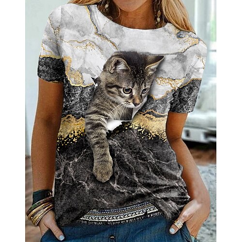 

Mulheres Camiseta Preto Branco Azul Gráfico Gato Imprimir Manga Curta Diário Final de semana Básico Vintage Decote Redondo Padrão Gato 3D Pintura S