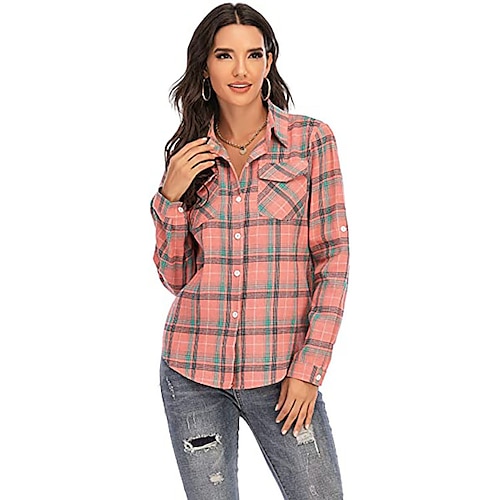 

Chemise Chemisier veste Femme Noir Jaune Rose Claire Plaid Imprimer manche longue Casual du quotidien Rétro Vintage Décontractées Col de Chemise Normal Coton Standard S