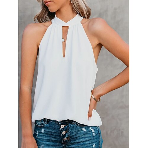 

Women's Tank Top Blue White Black Plain Cut Out Sleeveless Party Casual Basic Elegant Casual Halter Neck S