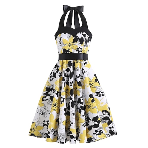 

Women's 1950s Audrey Hepburn Halter Swing Dress 100% Cotton Flare Dress Retro Vintage Floral Print Dailywear Tea Party Casual Daily Sleeveless Fit & Flare Dress Christmas