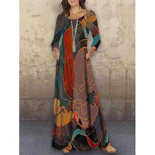 

Women's Shift Dress Long Dress Maxi Dress Red 3/4 Length Sleeve Abstract Print Winter Fall Autumn Crew Neck S M L XL XXL 3XL