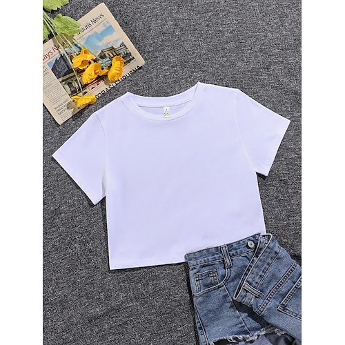 

Women's Crop Tshirt Plain Daily Crop Tshirt Short Sleeve Round Neck Basic Essential White Black Pink XS