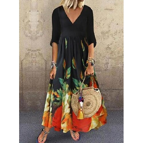 

Women's Long Dress Maxi Dress Blue Purple Red Floral Ruched Fall Spring Summer V Neck M L XL XXL XXXL