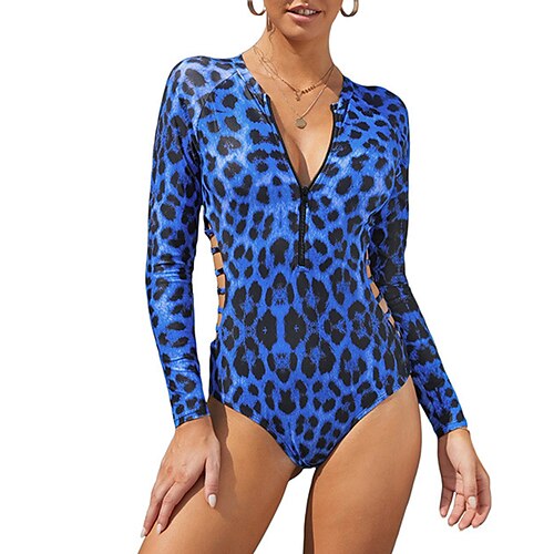 

Women's One Piece Swimsuit Rashguard Swimsuit Nylon Elastane Bodysuit Bathing Suit UV Sun Protection UPF50 Breathable Stretchy Long Sleeve Front Zip - Swimming Surfing Beach Water Sports Leopard