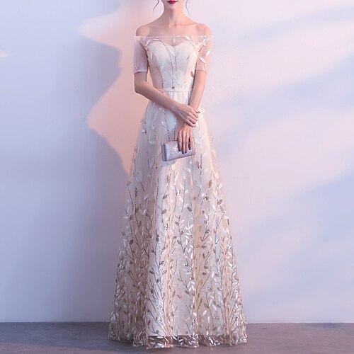 

A-Line Elegant Floral Wedding Guest Prom Dress Off Shoulder Short Sleeve Floor Length Tulle with Sash / Ribbon Embroidery 2022