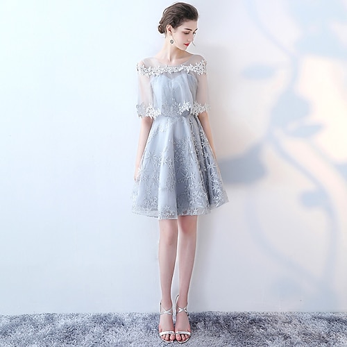

A-Line Minimalist Elegant Party Wear Cocktail Party Dress Jewel Neck Half Sleeve Short / Mini Tulle with Lace Insert Pattern / Print 2022