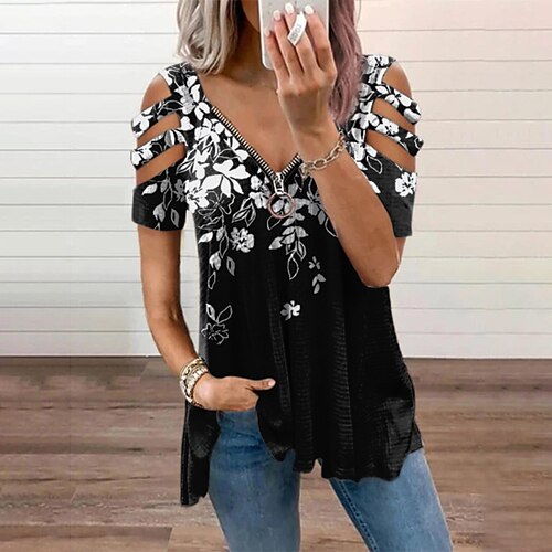 

Women's Floral Theme Blouse Eyelet top Shirt Floral Color Block Leopard Cut Out Zipper Flowing tunic V Neck Basic Streetwear Tops BlackWhite colourful Aqua green / Print