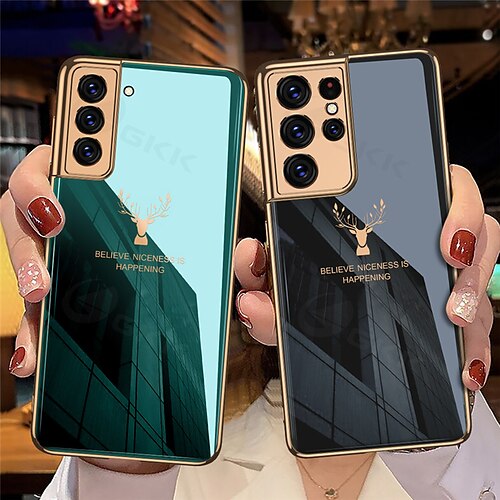 

Luxury Plating Painted Tempered Glass Phone Cases for Samsung Galaxy S21 Plus S21 Ultra Deer Patterned Camera Protection Back Cover
