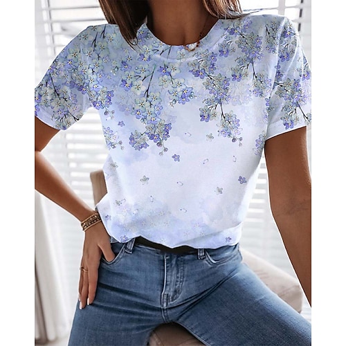 

Women's T shirt Tee Floral Print Daily Weekend Basic Short Sleeve Round Neck Blue