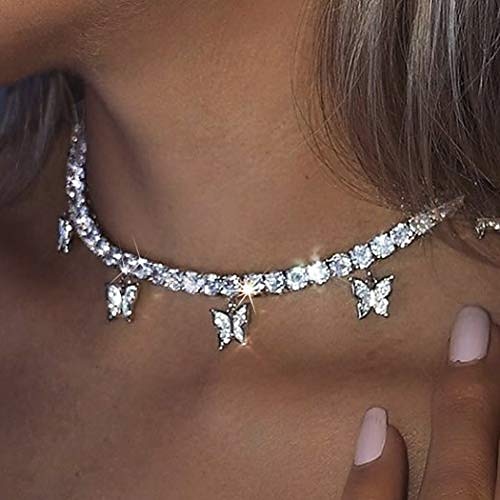 

nicute boho butterfly necklace rhinestones butterfly choker necklaces chain festival full crystal collar for women and girls (gold)