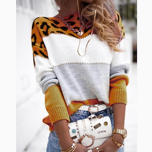 

Women's Sweater Pullover Jumper Knitted Color Block Leopard Stylish Casual Long Sleeve Regular Fit Sweater Cardigans Crew Neck Fall Winter Blushing Pink Gray Red / Holiday / Going out