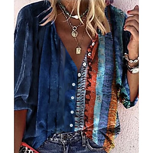 

Women's Shirt Blouse Red Blue Purple Color Block Patchwork Print Long Sleeve Daily Basic Shirt Collar Long Loose Fit S