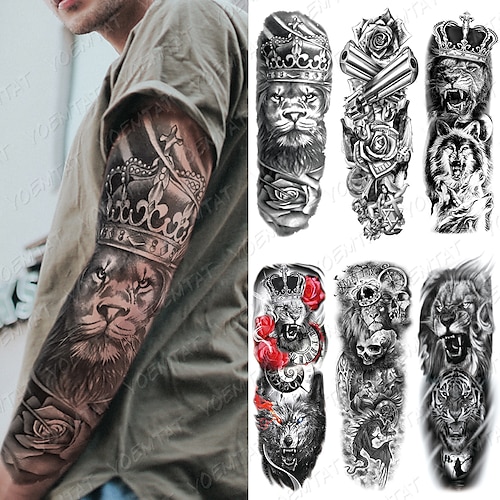 

6 Pcs/set Large Arm Sleeve Tattoo Lion Crown King Rose Waterproof Temporary Tatoo Sticker Wild Wolf Tiger Men Full Skull Totem Tatto