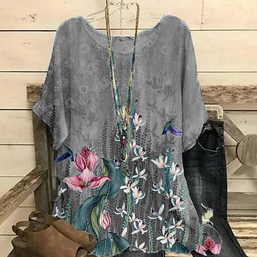 

Mulheres Camisa Social Blusa Verde Cáqui Cinzento Gráfico Floral Imprimir Manga Curta Feriado Final de semana Básico Roupa de rua Decote Redondo Padrão Tema Flores M