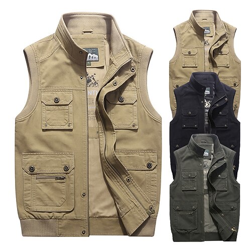 

Men's Fishing Vest Hiking Vest Sleeveless Outerwear Trench Coat Top Outdoor Windproof Quick Dry Lightweight Breathable Autumn / Fall Spring ArmyGreen khaki Dark Blue Fishing Climbing Camping / Hiking