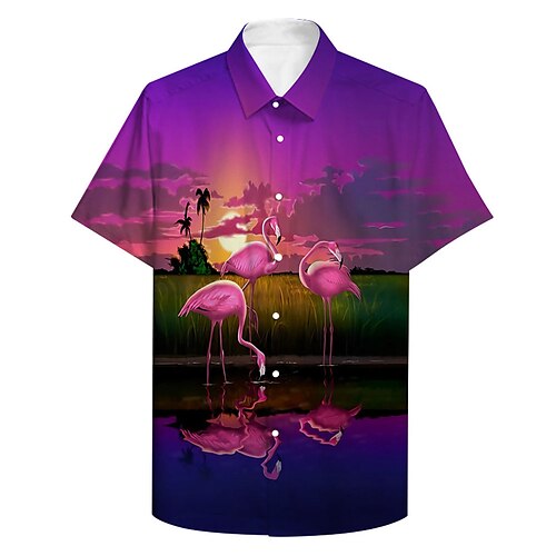 

Men's Shirt Graphic Shirt Flamingo Collar Purple 3D Print Plus Size Casual Daily Short Sleeve 3D Print Button-Down Clothing Apparel Tropical Fashion Designer Casual / Regular Fit / Sports