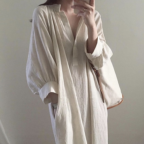 

Robe en coton et lin Robe casual Femme Robe longue maxi Mélange de Coton Décontractées robe hiver du quotidien Vacances Col de Chemise Poche Manche Gigot Manches 3/4 Eté Printemps Automne 2022 Ample