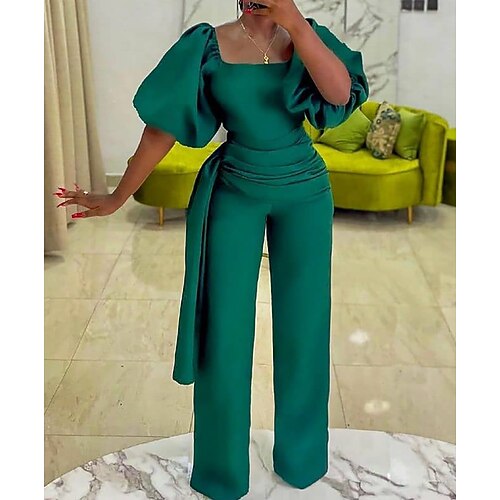 

Women's Plus Size Jumpsuit Wrap Solid Color Half Sleeve Casual Spring Summer Green Purple Dark Blue L XL 2XL 3XL / Square Neck