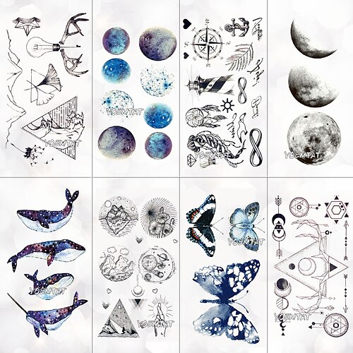 

8 Pcs/set Waterproof Temporary Tattoo Stickers Geometric Planet Flash Tattoo Girl Moon Forest Ladies Ears Black Fake Tatoo