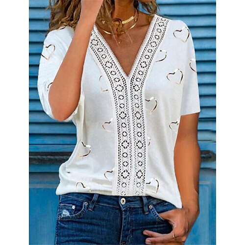 

Mulheres Camisa Social Blusa Topo de ilhó Branco Gráfico Coração Imprimir Manga Curta Feriado Final de semana Básico Roupa de rua Decote V Padrão S